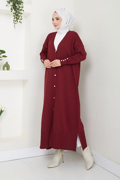 Pamuk Butik Women's Mercerized Button Detailed Full Length Knitwear Cardigan Claret Red