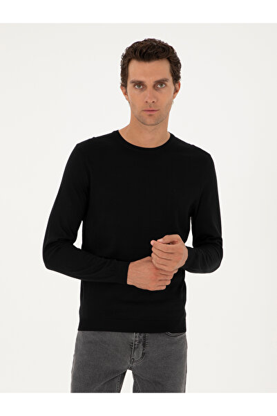 Cacharel Siyah Slim Fit Yün Karışımlı Bisiklet Yaka Basic Triko Kazak 50293301-VR046