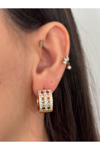 MioArt Colorful Zircon Stone Baguette Steel Hoop Earrings