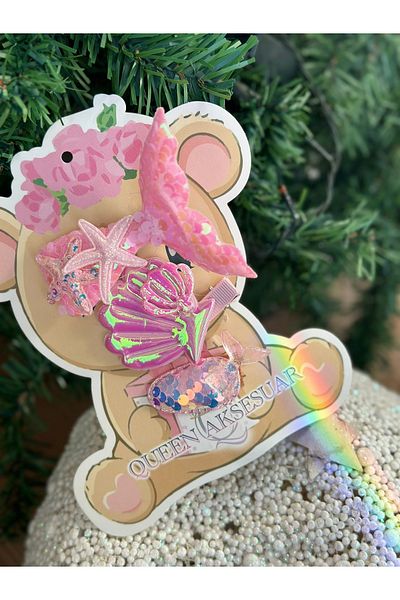QUEEN AKSESUAR Shiny Sequin Mermaid 3-Piece Collet Buckle Set - Tailed Oyster Seashell Pink