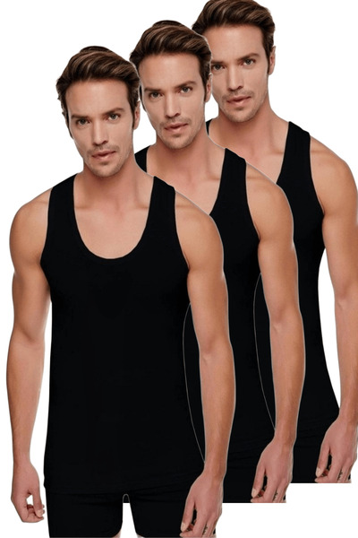 Nana & Mayka Moda 3-Piece Tutku Men's 100% Cotton Rib Classic Strap Black Undershirt 0102