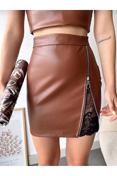 New Fashion Ruffled Brown Women's Leather Mini Skirt with Adjustable Slits an...