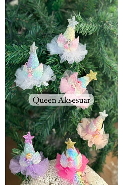 QUEEN AKSESUAR قبعة عيد ميلاد للأطفال الصغار بألوان قوس قزح لامعة مع مشبك على شكل نجمة ملاك من التول