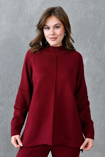 WOMAN VISION Set de tricotaje burgundy pulover și pantaloni cu talie înaltă - mânecă lungă, guler - 1070