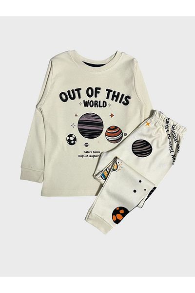 elmas kids Boy's 100% Cotton Ecru Planet Space Star Print Long Sleeve Winter Pajamas Set