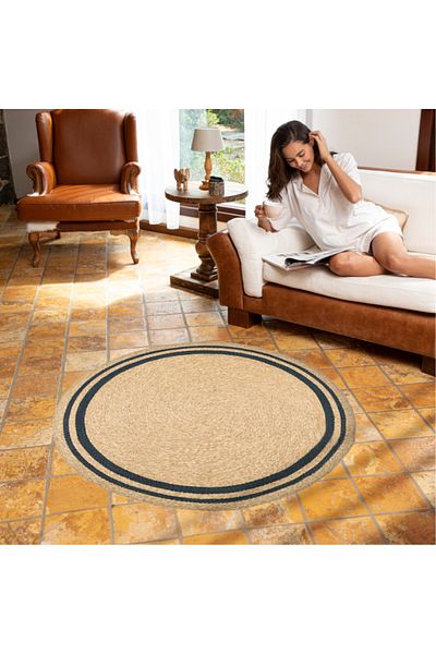 English Home Juteteppich rund Boho und Ethno Look für Wohnzimmer, Schlafzimmer, 90x90 cm