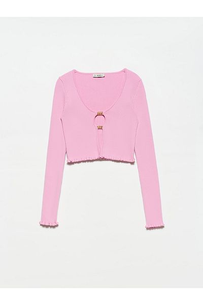 Dilvin 60134 U-Neck Front Accessories Knitwear Cardigan-pink