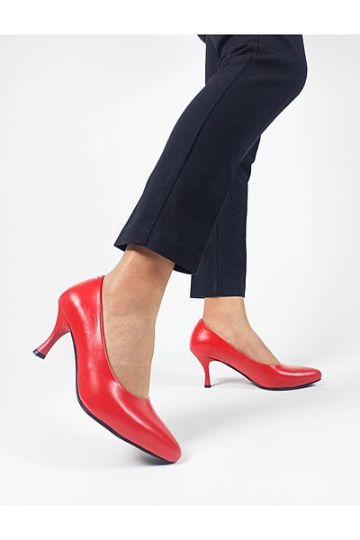 GDT Ayakkabı Genuine Leather Red Color Low Heel Women's Stiletto