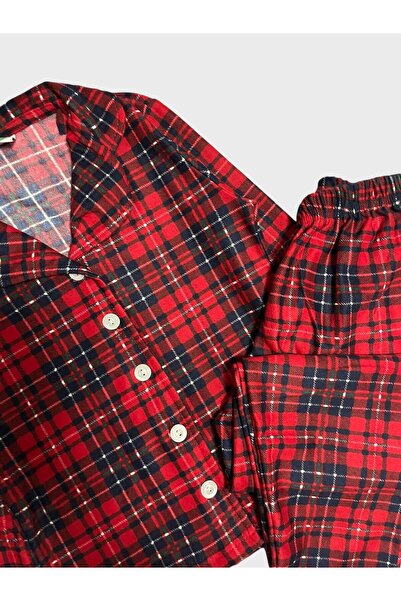 Genel Markalar Kız Çocuk Pamuklu Süet Kumaş Kırmızı Ekose Desenli Gömlek Yaka Düğmeli Uzun Kollu Pijama Takımı
