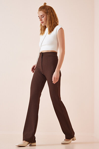 Lovelyİstanbul Pruhované hnedé nohavice s vysokým pásom - Lrv0018