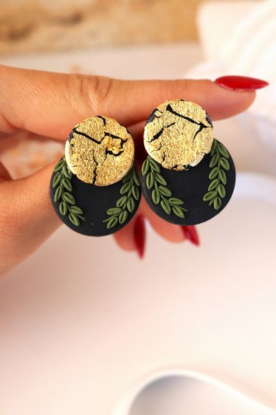 Gizy Store Polymer Clay Special Design Black Gold Demeter Model Round Leaf Detailed Shiny Women's Earrings