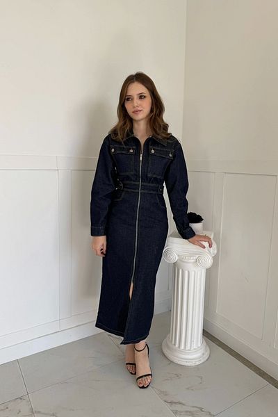 HELİS BUTİK Rochie midi din denim cu buzunar cu fermoar