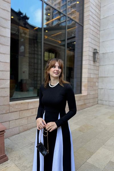HELİS BUTİK White Black Pleat Skirt Knitwear Dress