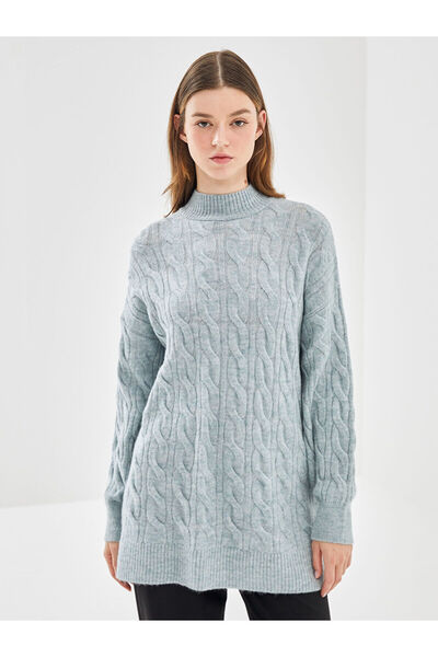 LC Waikiki LCW Modest Mavi Dik Yaka Kendinden Desenli Kadın Triko Tunik