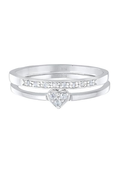 ELLI Inel Doamne Inimă Memoire Set De 2 Cu Cristale De Zirconiu În Argint Sterling 925