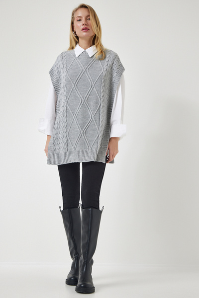 Lovelyİstanbul Oversize Gray Knitwear Sweater - Lacing Detail Lyg0006