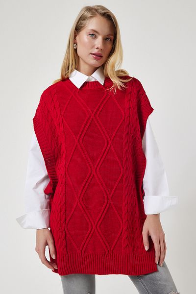 Lovelyİstanbul Oversize Red Knitwear Sweater - Lacing Detail Lyg0006