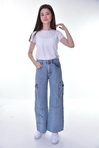 Pantulux Pantaloni din denim pentru fete, 100% bumbac, cu buzunar cargo