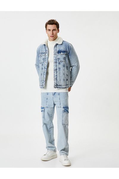 Koton Denim Jacket Buttoned Faux Fur Detailed Classic Collar Pocket