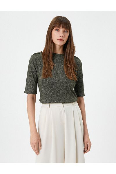 Koton Glitter Knitwear T-Shirt - Short Sleeve, Crew Neck, Epaulettes