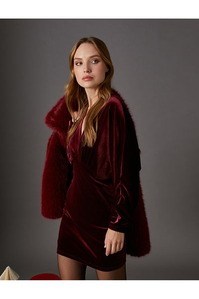 Koton Mini Velvet Dress Double Breasted V-Neck Long Bat Sleeve