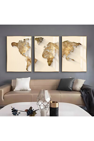 EMYA HOME Metal Çerçeveli Üçlü Dünya Haritası Cam Tablo