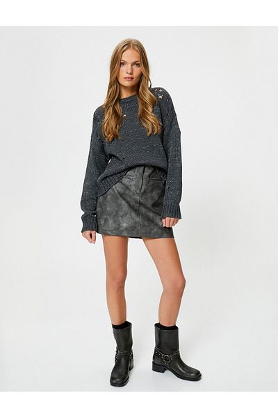 Koton Openwork Sweater Knit Glittery Crew Neck