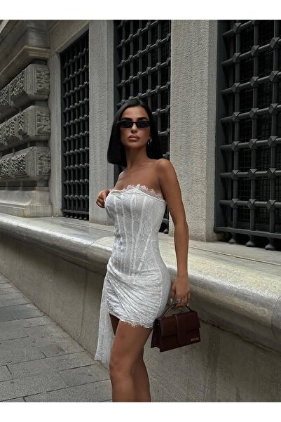 Genel Markalar Fransız dantelli mini straplez yaka tasarım elbise
