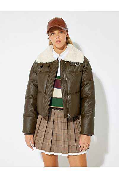 Koton Jachetă pufă cu guler din piele artificială, cu buzunare pentru acoperirea vântului cu fermoar