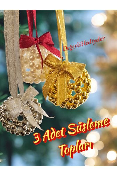 GÜLSEMALİ Set of 3 Silver Cream Yilbashi Balls and Ornaments - Use for All Kinds of Organization