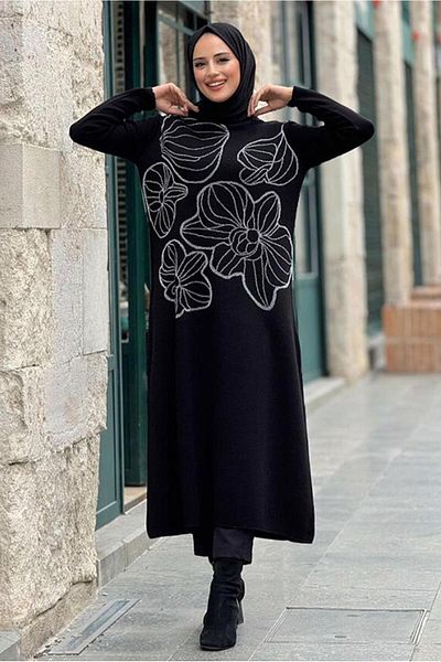 TRENDTESETTÜR Black-Silver Long Knitwear Tunic - Women's t 19181