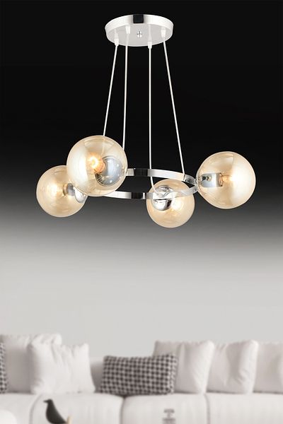 SONSUZ AYDINLATMA&AVİZE Endless Chrome 4-Piece Ring Honey Globe Glass Modern Chandelier
