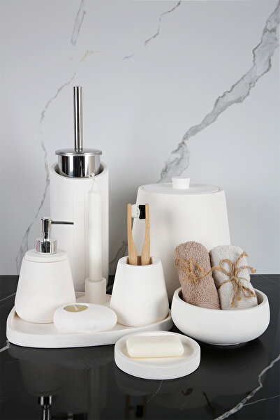 betonmall 11 Parça Mermer Desenli Beton Banyo Seti Katı Sıvı Sabunluk Diş Fırçalık Çöp Kovası Mumluk Tepsi