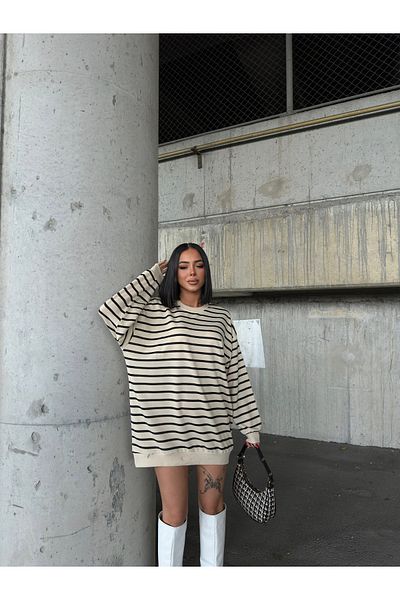 BEJNA Braun gestreiftes Oversize-Sweatshirt für Damen