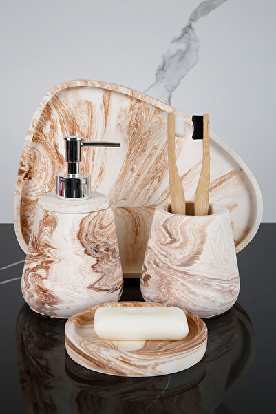 betonmall Set de baie din beton cu model de marmură de 4 bucăți Dozator de săpun lichid solid Suport pentru periuță de dinți Tavă de prezentare