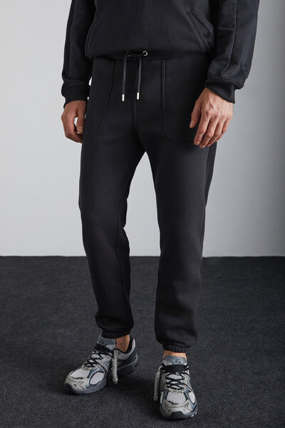 GRIMELANGE Ανδρικό παντελόνι Goran από οργανικό βαμβάκι με φλις εσωτερικές τσέπες και ελαστικό μαύρο παντελόνι