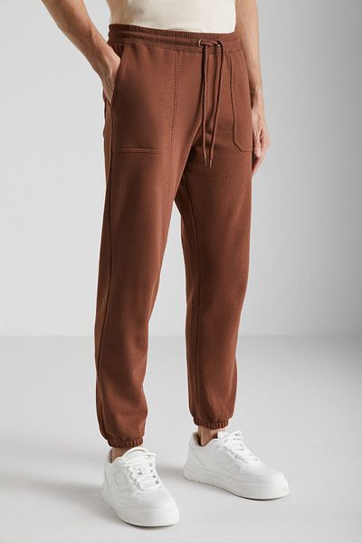 GRIMELANGE Goran Men's Organic Cotton Brown Sweatpants with Fleece Inside Pockets Top and Elastic Legs