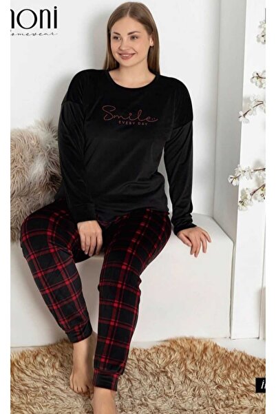 Pijamoni ekoseli  Kadife Büyük Beden Pijama Takımı