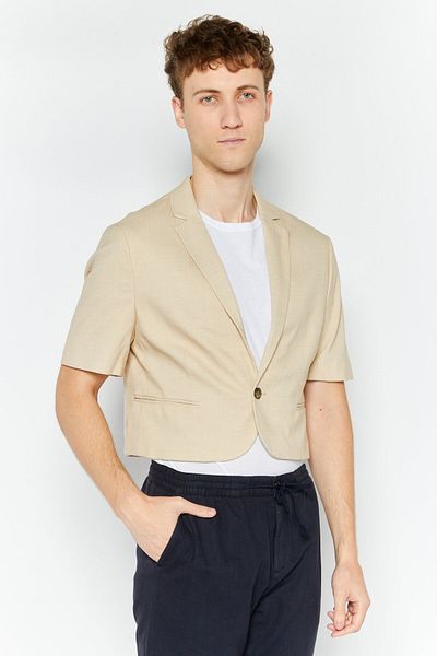 Asos Design Men Regular Fit Textured Short Sleeve Blazer, Tan