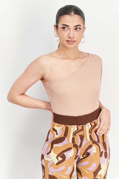 I Saw It First Women Asymmetric Neck One Shoulder Ribbed Top, Camel