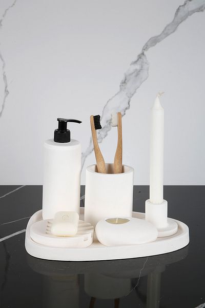 betonmall 6 Pieces Concrete Bathroom Set Solid Liquid Soap Dispenser Tray Toothbrush Holder Candle Holder Incense Holder