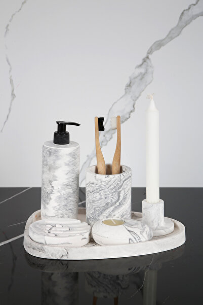 betonmall طقم حمام خرساني منقوش من الرخام مكون من 6 قطع، موزع صابون سائل صلب،...