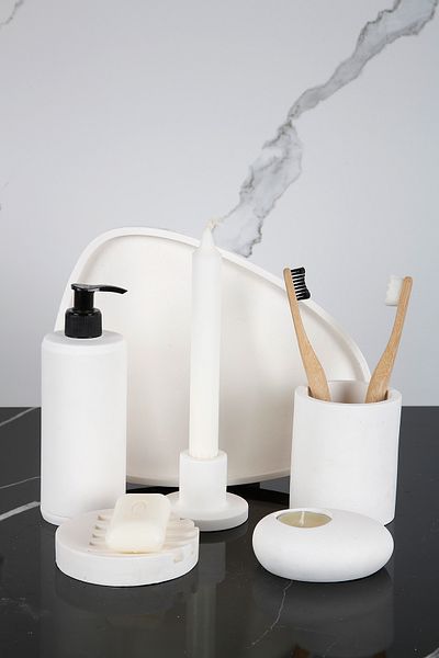 betonmall 6 Pieces Concrete Bathroom Set Solid Liquid Soap Dispenser Tray Toothbrush Holder Candle Holder Incense Holder