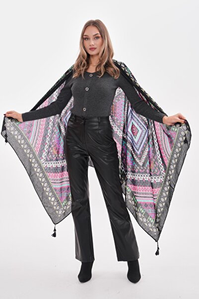 Axesoire 15239 Patterned Tasseled Black Shawl