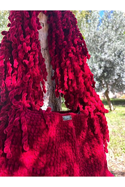 EL YAPIMI BORDO KADİFE PÜSKÜLLÜ ÇANTA