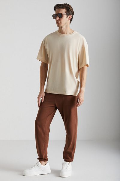 GRIMELANGE Goran Men's Organic Cotton Brown Sweatpants with Fleece Inside Pockets Top and Elastic Legs