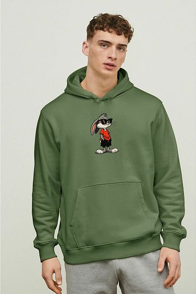 Butik Bugs Bunny Printed Two Thread Oversize Hooded Unisex Kangaroo Pocket Sweatshirt