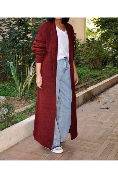 Lavanta Tekstil Shawl Collar Claret Red Maxi Cardigan