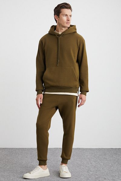 GRIMELANGE Hakone Men's Organic Cotton Fleece Inside Ribbed Pocket Jogger Khaki Sweatpants