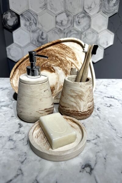 betonmall Σετ μπάνιου από σκυρόδεμα 4 τεμαχίων με μαρμάρινο σχέδιο Δίσκος παρουσίασης οδοντόβουρτσας διανομής στερεού υγρού σαπουνιού